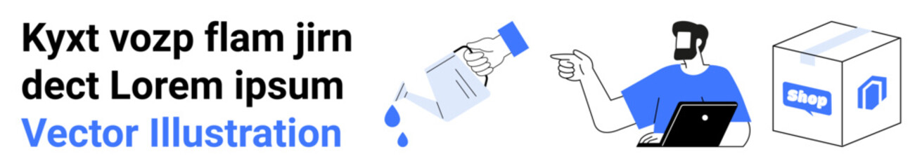 Hand pouring water in plant, individual using laptop for online shopping, and delivery package with shop logo. Ideal for e-commerce, delivery services, sustainability, online business, digital