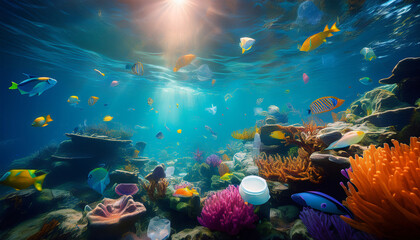 Obraz premium 003-135-274--Virtual Plastic Dive-- Explore underwater microplastic pollution. 937