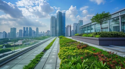 Fototapeta premium Green rooftop and vertical garden on skyscraper stock photo --ar 16:9 --raw --v 6 Job ID: 117794ae-f199-4cbd-b7b8-b3c97b00cc31