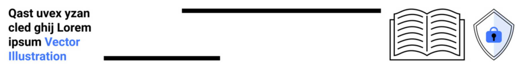 Open book with a blue lock on a shield icon representing knowledge, data security, and privacy. Ideal for education, online safety, cybersecurity, learning, information access, privacy awareness