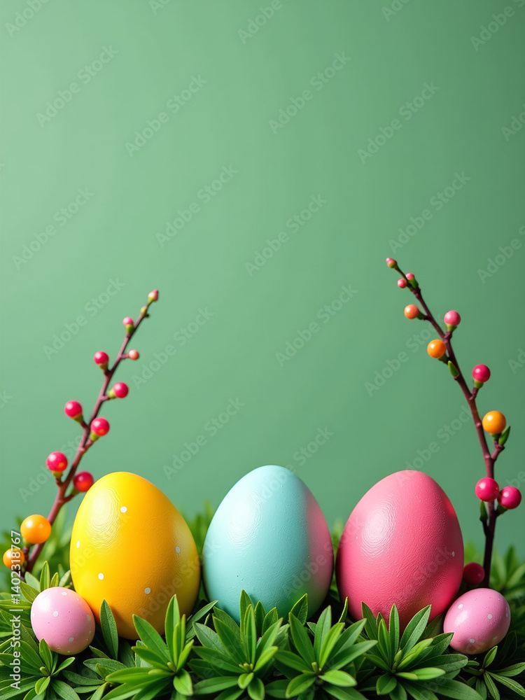 Poster Colorful Easter Eggs With Floral Elements And Twigs Are Placed On A Lush Green Background For A Festive Display.