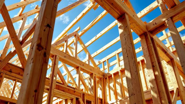 Wooden house frame under construction, structural beams against blue sky