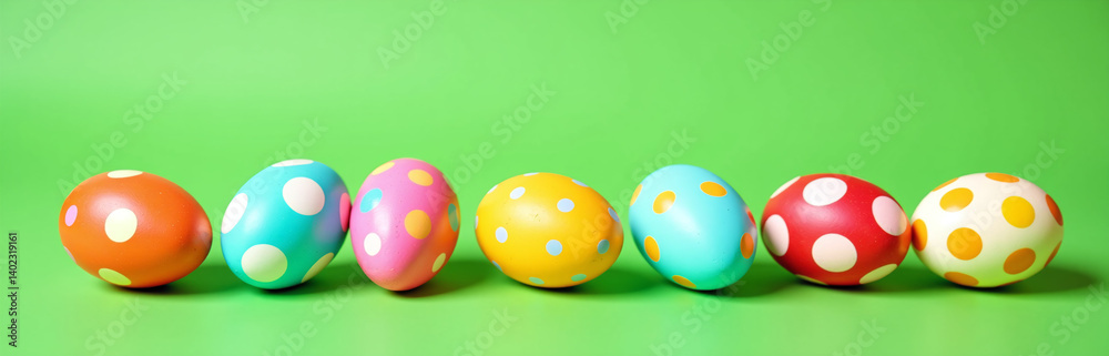 Poster Colorful Easter Eggs With Various Patterns Are Arranged On A Vibrant Green Background Creating A Visually Appealing Scene.