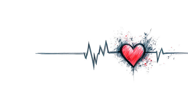 Heartbeat line transforming into red pencil drawn heart on transparent background - Powered by Adobe