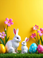Obraz premium Colorful Easter Scene With Vibrant Eggs, Adorable Bunnies, And Blooming Flowers Set Against A Bright And Cheerful Sunny Yellow Backdrop.