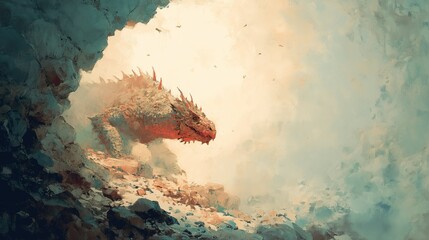 ファンタジーの世界に登場する伝説のドラゴン、廃墟に光差す神秘的な構図、魔法、中世、異世界、戦士との戦いを連想させる雰囲気