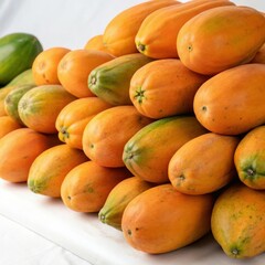 Fresh papayas stacked beautifully on white background showcasing vibrant colors and fresh produce display