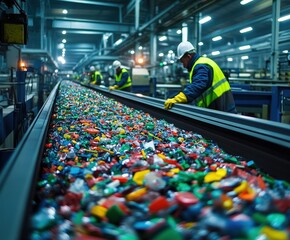Obraz premium Conveyor with plastic and metal scraps, workers sorting fast in gritty recycling plant under bright lights isolated on transparent background