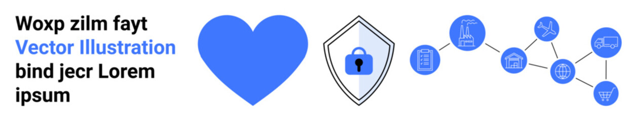 Heart icon, secure shield with lock, interconnected network nodes symbolizing security, connectivity, and trust. Ideal for technology, internet, healthcare, data protection safety innovation flat