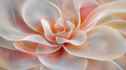 Fototapeta premium Intricate Pastel Petal Unfolding: A Close-Up Abstract of a Flower with Delicate Layers in Soft Peach, Pink, and Cream Tones.