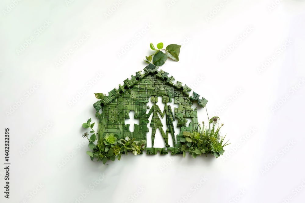 Poster 環境保護をテーマにした緑豊かな家デザイン 白い背景に植物と生態学的シンボル