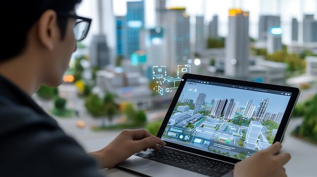 Person using a laptop to explore a 3D city model with skyscrapers and greenery in a modern setting