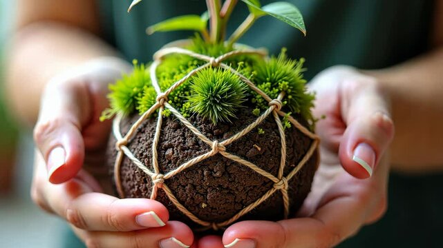 Hands holding kokedama moss ball with green plant, eco friendly indoor gardening concept