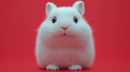 A fluffy white rabbit with big eyes sits against a red background.
