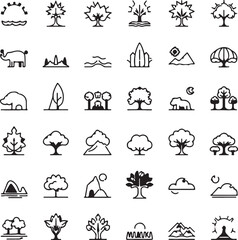 Create a Set of 36 outline icons related to landscape. Linear icon collection. Editable stroke. Vector illustration with white background.