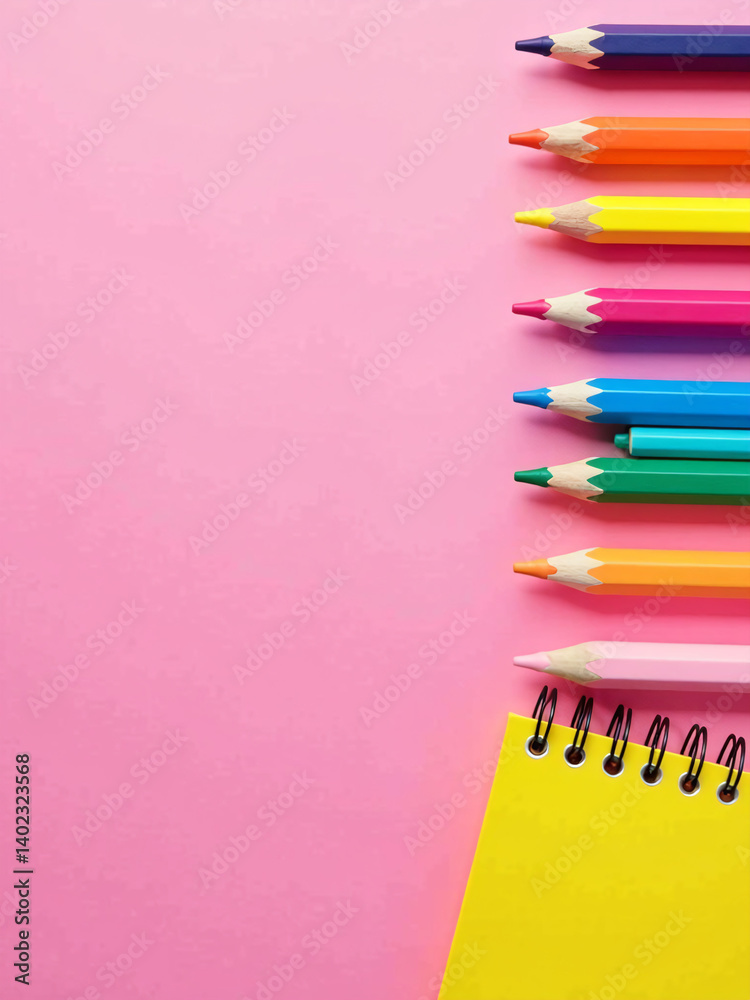 Poster Colorful School Stationery Is Arranged On A Bright Pink Background As Part Of A Back To School Vertical Design Concept.