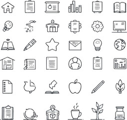 Create a Set of 36 outline icons related to education. Linear icon collection. Editable stroke. Vector illustration with white background.