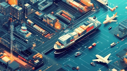 Obraz premium A detailed illustration of a modern port with multiple transportation modes