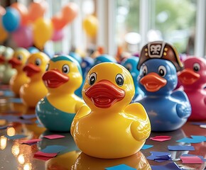  Party ducks dressed as pirates, heroes, and astronauts line festive table with confetti and balloons isolated on transparent background