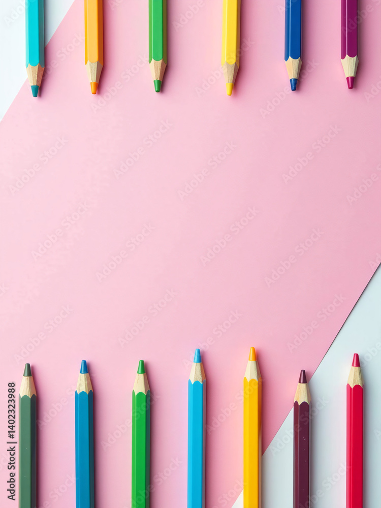 Aufkleber Colorful School Supplies Arranged In A Neat Pattern On A Pink And White Background With Empty Spaces Between Each Item.