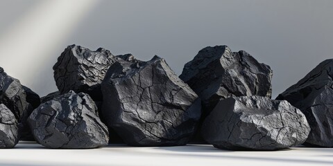 Close view of rough black coal stones with irregular shapes and shadows.