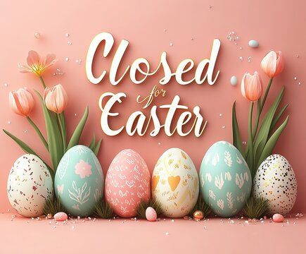  Closed for Easter sign with bunny ears, eggs, tulips, pink soft glow, sparkles isolated on transparent background