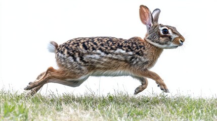 Fototapeta premium Marsh Rabbit's Hasty Retreat: A Dark Brown and Speckled Rabbit Leaping Across Green Grass Against a Bright White Sky.