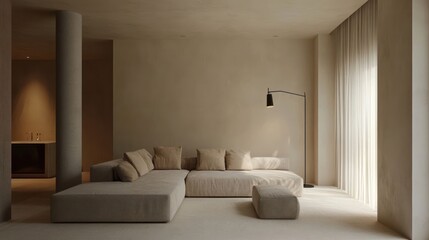 Fototapeta premium Modern minimalist living room featuring a spacious sofa, soft lighting, and neutral tones