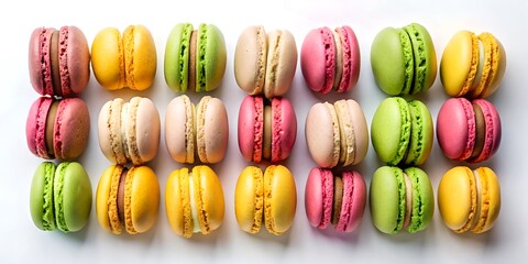 Colorful Assortment of French Macarons Displayed in Rows for Dessert Table or Bakery Promotions