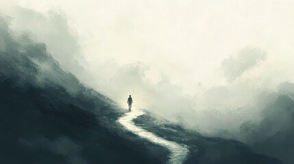 Fototapeta premium Start Before Knowing It All: A person stepping onto a winding path that disappears into a foggy unknown, but with each step, the fog lifts, symbolizing how action reveals the path illustration