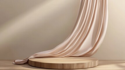 A wooden podium with a flowing beige curtain.
