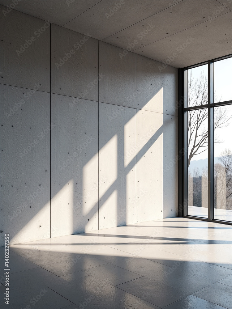 Poster Contemporary Space Features A Large Concrete Wall Alongside Intricate Light Patterns That Create A Visually Striking Atmosphere.