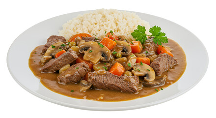 Fototapeta premium Beef Stew with Rice: A Rich Brown Gravy with Mushrooms and Vegetables