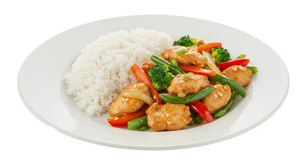 Chicken Stir-Fry with Rice and Vegetables on White Plate