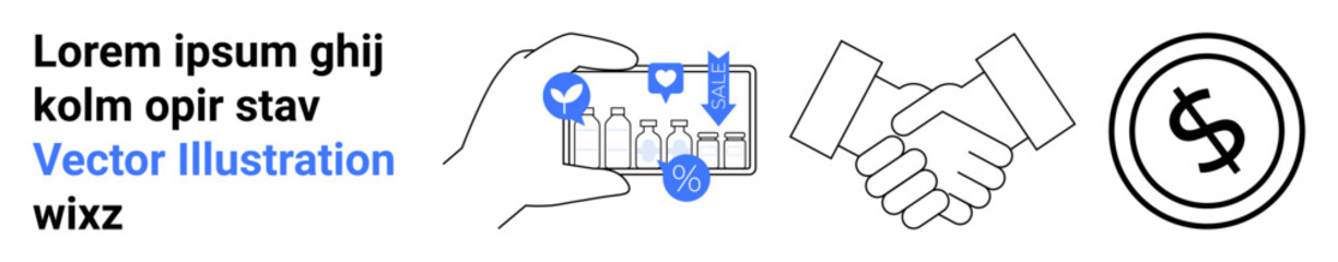 Hand holding a mobile app displaying product metrics and ratings, handshake symbolizing partnership, and a dollar design depicting financial growth. Ideal for business, investment, collaboration