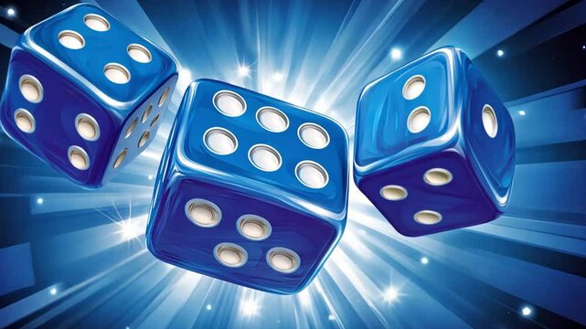 Three blue dice rolling against a vibrant burst of light with sparkling effects in the background