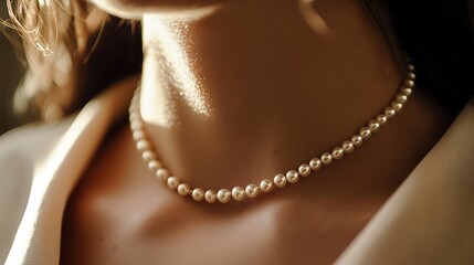 A woman wearing a pearl necklace