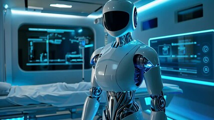 Futuristic Medical Robot in High-Tech Healthcare Facility with Blue Lighting and Advanced Technology - Powered by Adobe