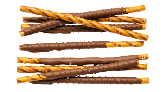 Dark and Light Brown Chocolate Covered Pretzel Sticks on Transparent Background