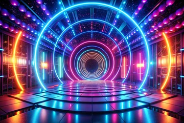 Obraz premium Neon Lights Tunnel Futuristic Cyberpunk Stage Design