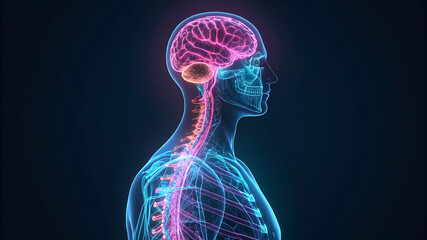 "Medical Illustration of Brain and Spine with Glowing Neural Networks"