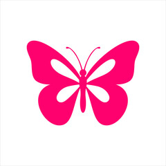 Stylized pink butterfly vector illustration on a white background. The symmetrical design features bold, smooth shapes with minimalistic wing patterns and elegant antennae, ideal for use in logos, dec