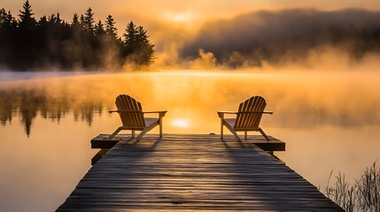Fototapeta premium Serene sunrise over a misty lake with two chairs on a wooden dock surrounded by trees