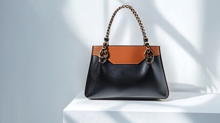 A black and brown purse with gold hardware sits on a white surface