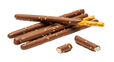 Milk Chocolate Covered Pretzel Sticks on Transparent Background