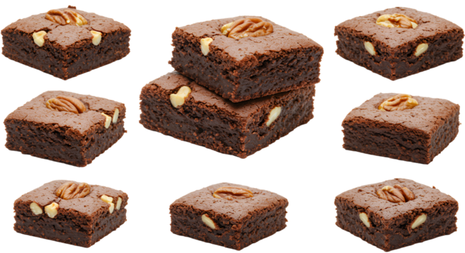 Multiple Chocolate Brownies with Pecan Nuts on Transparent Background