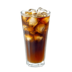 A cold brew coffee in a tall glass with ice cubes visible, isolated on a transparent background.