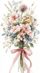 Obraz premium Delicate field flowers in pink and blue tones. 핑크와 블루 톤 들꽃이 조화로운 감성 수채화 꽃다발입니다.