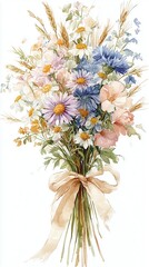 Colorful hand-tied wildflower bouquet with ribbon. 리본으로 묶은 다채로운 야생화 수채화 꽃다발입니다.