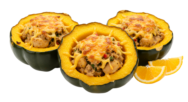 Savory Chicken And Cheese Stuffed Acorn Squash With Orange Slices